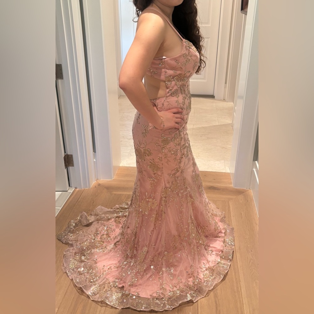 Glamorous Pink and Gold Floral Prom Dress - Picture 2 of 5